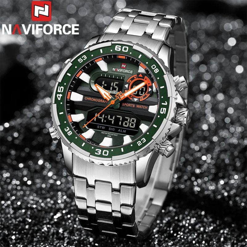 Fashion, accesorii si bijuterii - Barbati - Bijuterii barbati - Ceasuri barbati - Ceas barbatesc Naviforce Dual Alarma Time Data Luxury Militar Otel Argintiu Verde - Infinity.ro