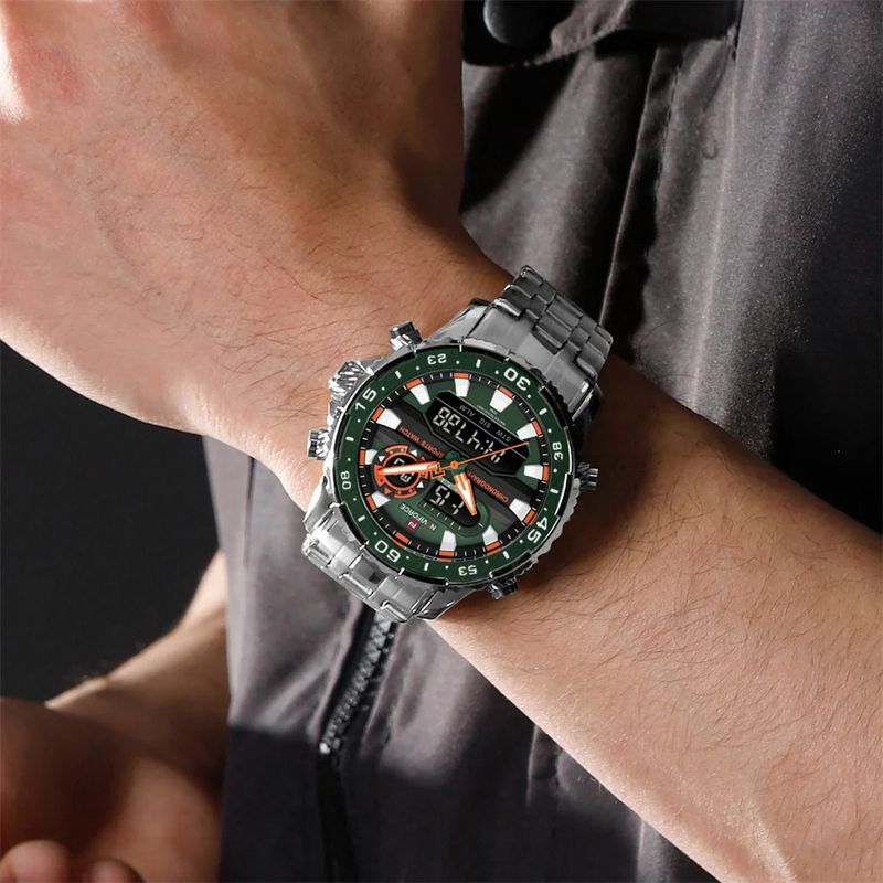 Fashion, accesorii si bijuterii - Barbati - Bijuterii barbati - Ceasuri barbati - Ceas barbatesc Naviforce Dual Alarma Time Data Luxury Militar Otel Argintiu Verde - Infinity.ro
