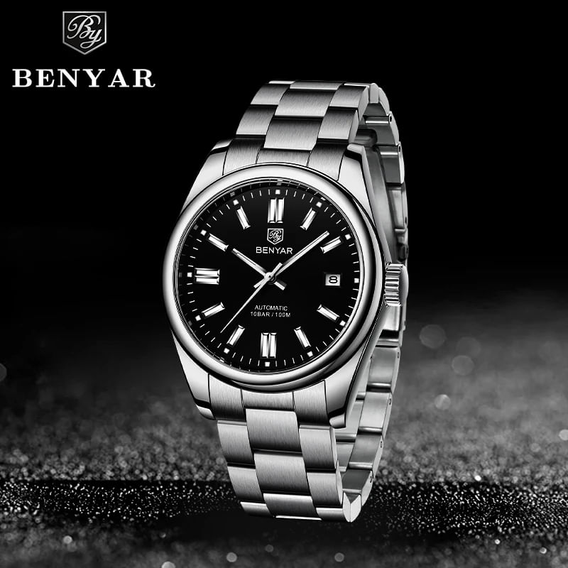 Fashion, accesorii si bijuterii - Barbati - Bijuterii barbati - Ceasuri barbati - Ceas barbatesc de mana Benyar Mecanic Automatic Analog 10 ATM Argintiu Negru - Infinity.ro