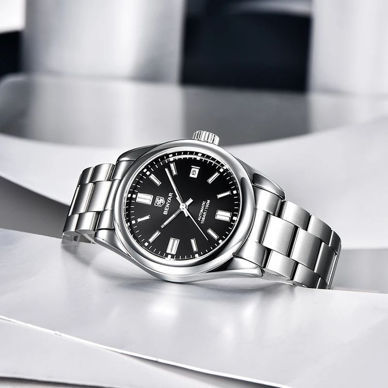 Fashion, accesorii si bijuterii - Barbati - Bijuterii barbati - Ceasuri barbati - Ceas barbatesc de mana Benyar Mecanic Automatic Analog 10 ATM Argintiu Negru - Infinity.ro