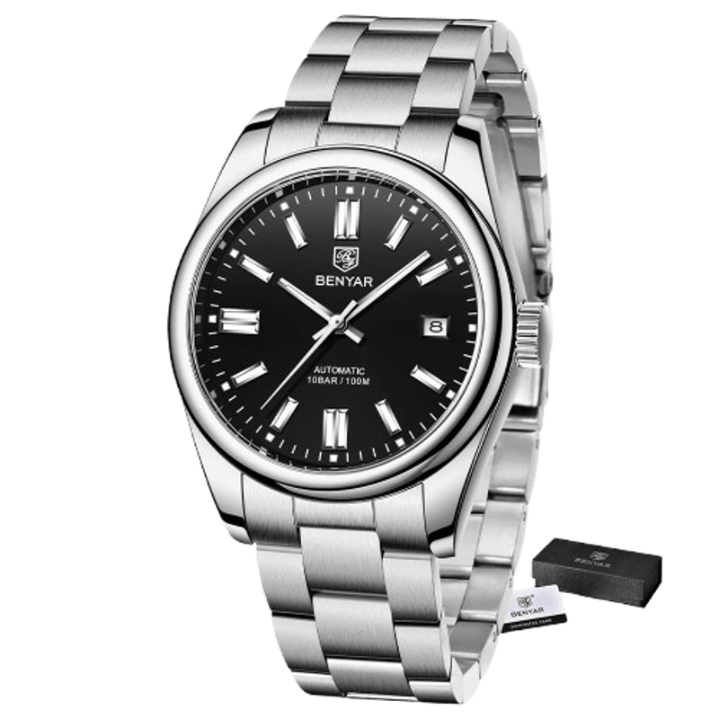 Fashion, accesorii si bijuterii - Barbati - Bijuterii barbati - Ceasuri barbati - Ceas barbatesc de mana Benyar Mecanic Automatic Analog 10 ATM Argintiu Negru - Infinity.ro