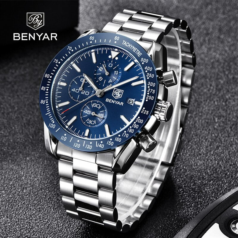 Fashion, accesorii si bijuterii - Barbati - Bijuterii barbati - Ceasuri barbati - Ceas barbati Benyar Cronograf Quartz Luxury Analog Otel Argintiu - Infinity.ro