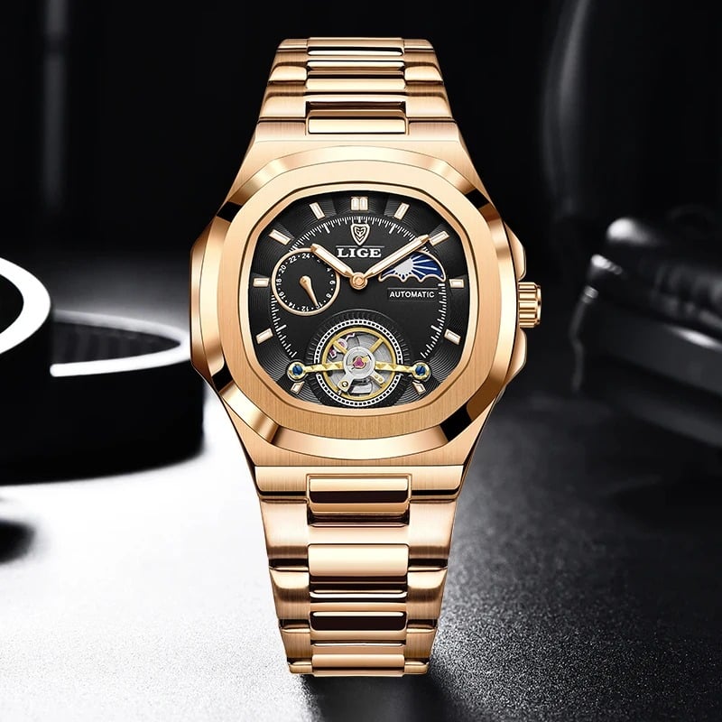 Fashion, accesorii si bijuterii - Barbati - Bijuterii barbati - Ceasuri barbati - Ceas Barbati Lige 6821 Rose Gold-Negru, Mecanic, Design Business, Rezistent Socuri, 3ATM - Infinity.ro