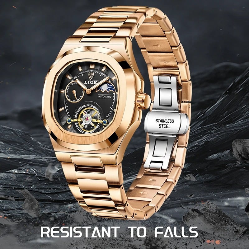 Fashion, accesorii si bijuterii - Barbati - Bijuterii barbati - Ceasuri barbati - Ceas Barbati Lige 6821 Rose Gold-Negru, Mecanic, Design Business, Rezistent Socuri, 3ATM - Infinity.ro