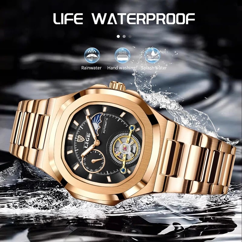 Fashion, accesorii si bijuterii - Barbati - Bijuterii barbati - Ceasuri barbati - Ceas Barbati Lige 6821 Rose Gold-Negru, Mecanic, Design Business, Rezistent Socuri, 3ATM - Infinity.ro