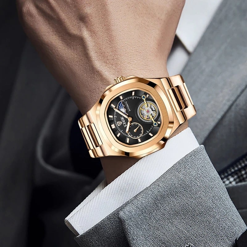 Fashion, accesorii si bijuterii - Barbati - Bijuterii barbati - Ceasuri barbati - Ceas Barbati Lige 6821 Rose Gold-Negru, Mecanic, Design Business, Rezistent Socuri, 3ATM - Infinity.ro