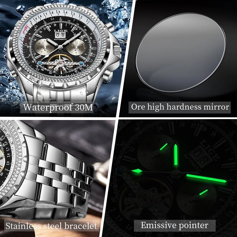 Fashion, accesorii si bijuterii - Barbati - Bijuterii barbati - Ceasuri barbati - Ceas Barbati Lige 89119 Argintiu-Negru, Mecanic, Design Business, Rezistent Socuri, 3ATM - Infinity.ro