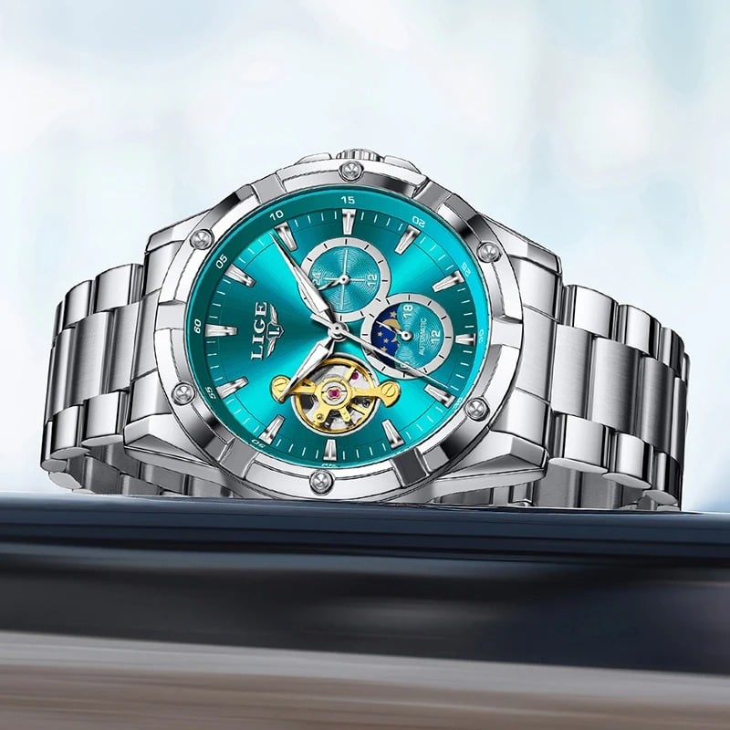 Fashion, accesorii si bijuterii - Barbati - Bijuterii barbati - Ceasuri barbati - Ceas Barbati Lige 6825 Argintiu-Cyan, Mecanic, Design Business, Afisaj Luminos, 3ATM - Infinity.ro