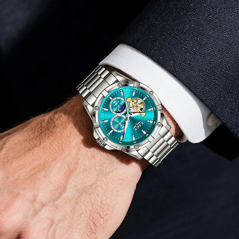 Fashion, accesorii si bijuterii - Barbati - Bijuterii barbati - Ceasuri barbati - Ceas Barbati Lige 6825 Argintiu-Cyan, Mecanic, Design Business, Afisaj Luminos, 3ATM - Infinity.ro