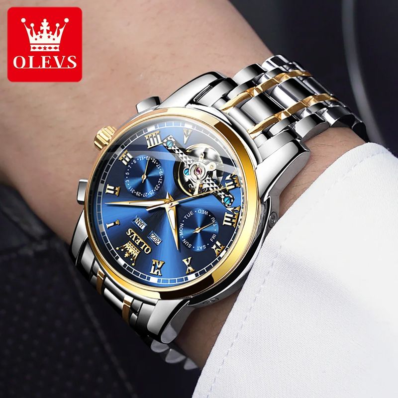 Fashion, accesorii si bijuterii - Barbati - Bijuterii barbati - Ceasuri barbati - Ceas barbati Olevs Data Mecanic automatic Albastru Argintiu Otel - Infinity.ro
