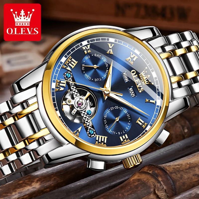 Fashion, accesorii si bijuterii - Barbati - Bijuterii barbati - Ceasuri barbati - Ceas barbati Olevs Data Mecanic automatic Albastru Argintiu Otel - Infinity.ro