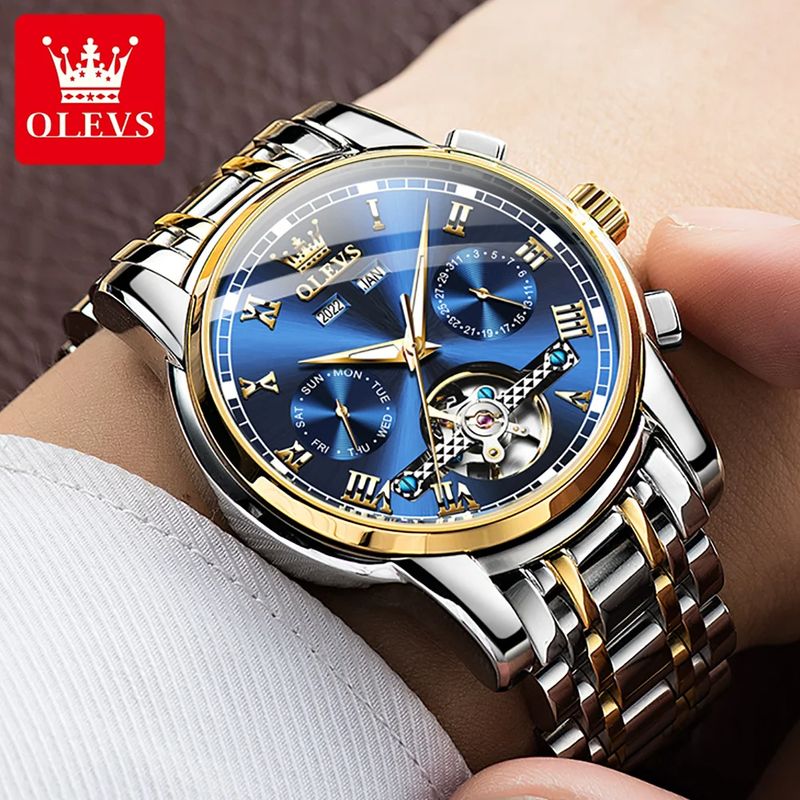Fashion, accesorii si bijuterii - Barbati - Bijuterii barbati - Ceasuri barbati - Ceas barbati Olevs Data Mecanic automatic Albastru Argintiu Otel - Infinity.ro