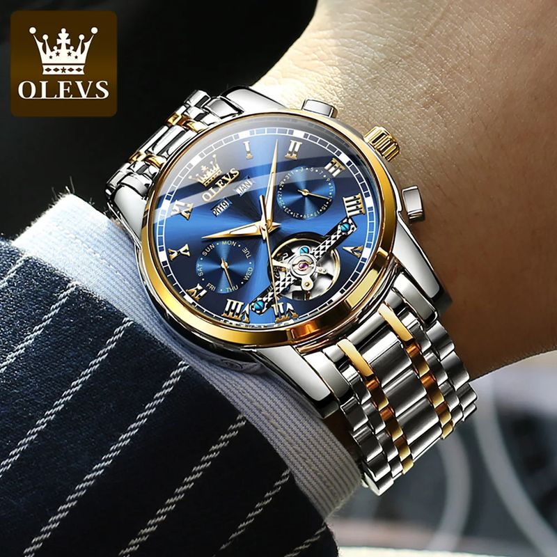 Fashion, accesorii si bijuterii - Barbati - Bijuterii barbati - Ceasuri barbati - Ceas barbati Olevs Data Mecanic automatic Albastru Argintiu Otel - Infinity.ro