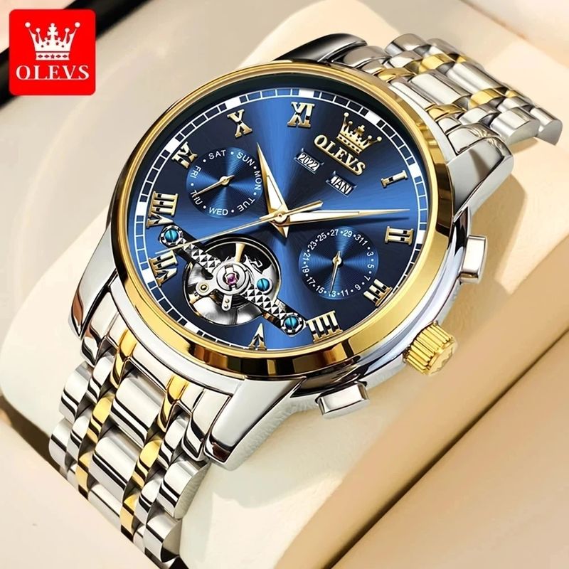 Fashion, accesorii si bijuterii - Barbati - Bijuterii barbati - Ceasuri barbati - Ceas barbati Olevs Data Mecanic automatic Albastru Argintiu Otel - Infinity.ro