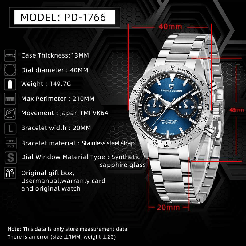 Fashion, accesorii si bijuterii - Barbati - Bijuterii barbati - Ceasuri barbati - Ceas Barbati Pagani Design PD-1766 Albastru, Chronograph VK64, 40mm, Safir, Otel, 100M - Infinity.ro