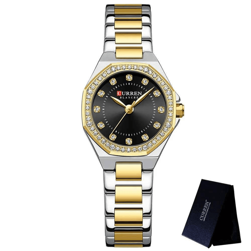 Fashion, accesorii si bijuterii - Femei - Bijuterii femei - Ceasuri femei - Ceas Dama CURREN 9100 Elegant, Cadran Negru, Carcasa Aurie, Bratara Argintiu-Auriu - Infinity.ro