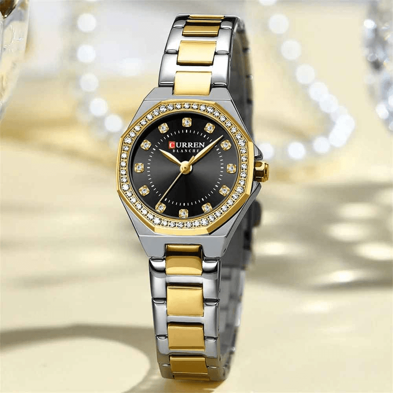 Fashion, accesorii si bijuterii - Femei - Bijuterii femei - Ceasuri femei - Ceas Dama CURREN 9100 Elegant, Cadran Negru, Carcasa Aurie, Bratara Argintiu-Auriu - Infinity.ro