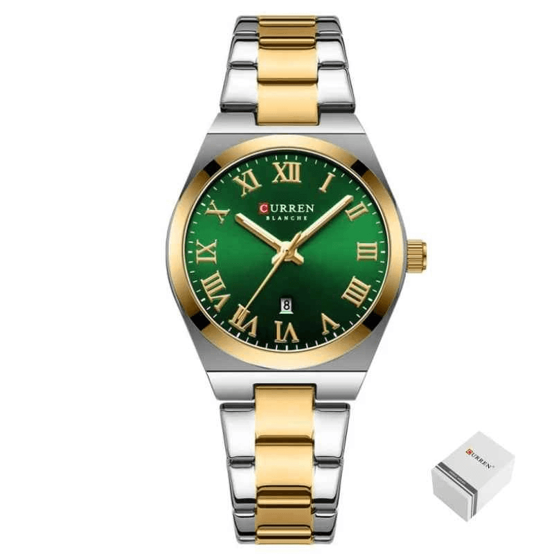 Fashion, accesorii si bijuterii - Femei - Bijuterii femei - Ceasuri femei - Ceas Dama CURREN 9095L Elegant, Quartz, Cadran Verde, Carcasa Aurie, Calendar, 3ATM - Infinity.ro