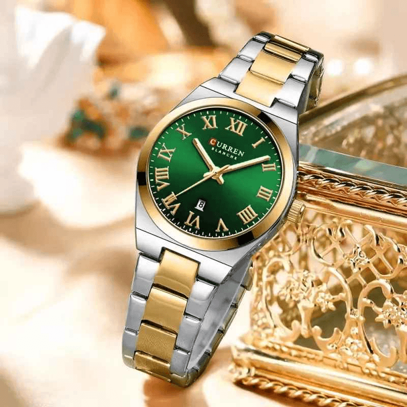 Fashion, accesorii si bijuterii - Femei - Bijuterii femei - Ceasuri femei - Ceas Dama CURREN 9095L Elegant, Quartz, Cadran Verde, Carcasa Aurie, Calendar, 3ATM - Infinity.ro