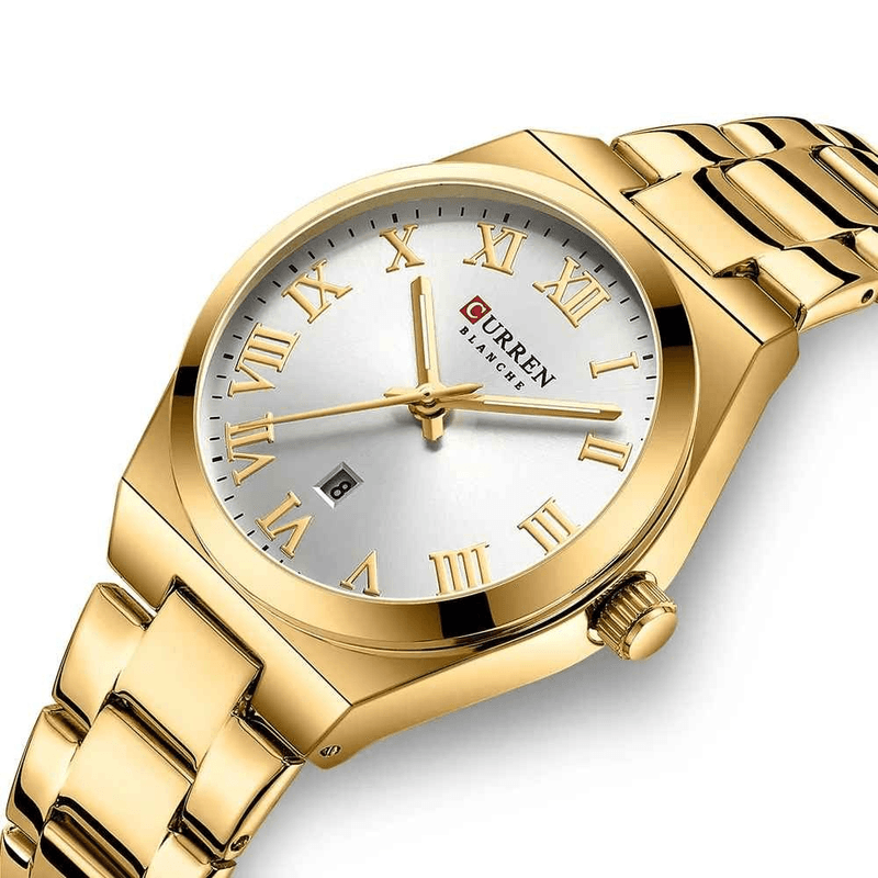 Fashion, accesorii si bijuterii - Femei - Bijuterii femei - Ceasuri femei - Ceas Dama CURREN 9095L Aur Complet, Cadran Alb, Elegant, Quartz cu Calendar, Bratara Metalica, Rezistenta la Apa 3 ATM - Infinity.ro
