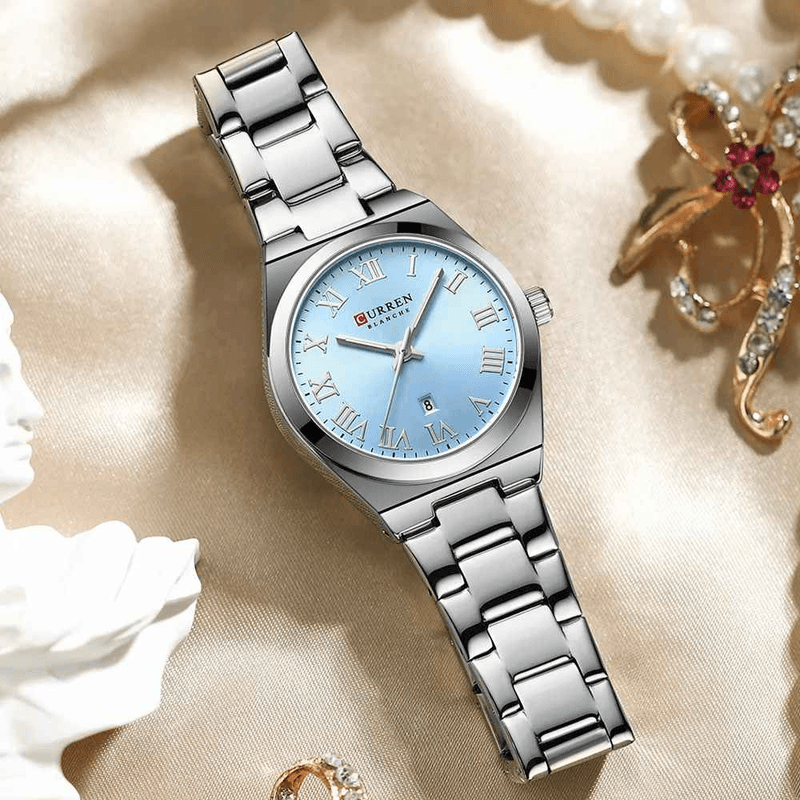 Fashion, accesorii si bijuterii - Femei - Bijuterii femei - Ceasuri femei - Ceas Dama CURREN 9095L Elegant, Quartz, Cadran Albastru, Bratara si Carcasa Argintie, Calendar, Rezistent la Apa 3 ATM - Infinity.ro