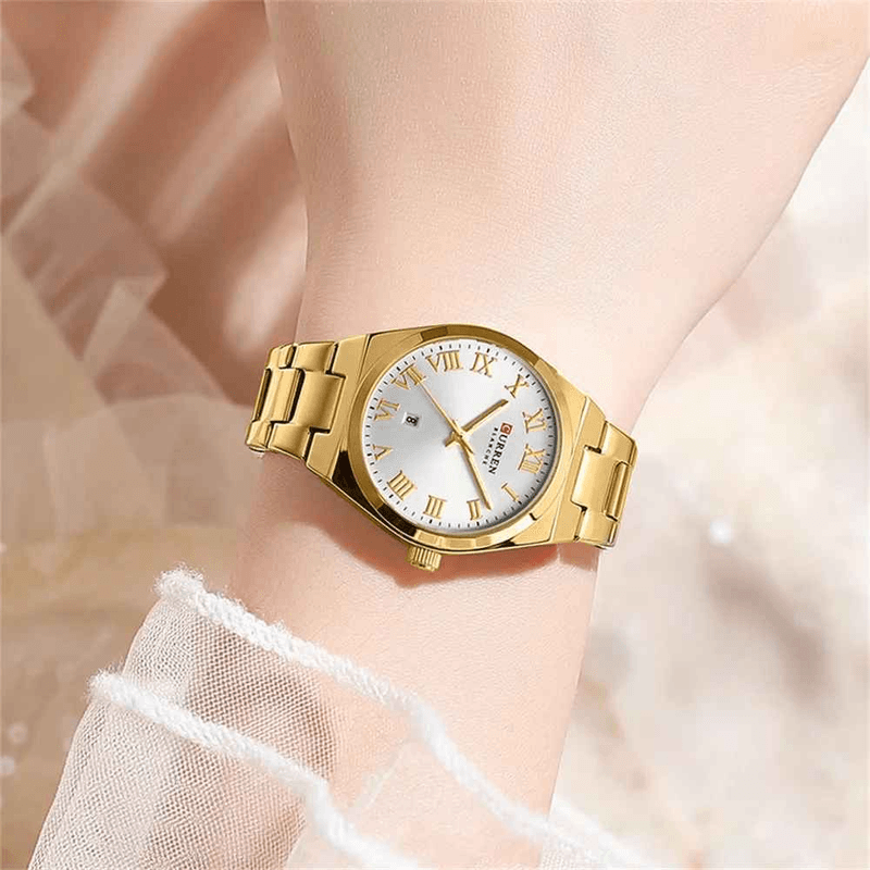 Fashion, accesorii si bijuterii - Femei - Bijuterii femei - Ceasuri femei - Ceas Dama CURREN 9095L Aur Complet, Cadran Alb, Elegant, Quartz cu Calendar, Bratara Metalica, Rezistenta la Apa 3 ATM - Infinity.ro