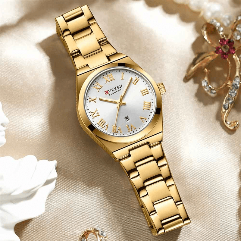 Fashion, accesorii si bijuterii - Femei - Bijuterii femei - Ceasuri femei - Ceas Dama CURREN 9095L Aur Complet, Cadran Alb, Elegant, Quartz cu Calendar, Bratara Metalica, Rezistenta la Apa 3 ATM - Infinity.ro