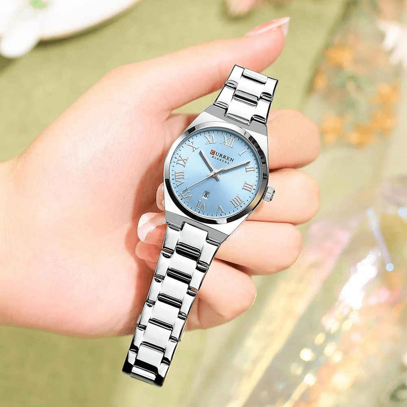 Fashion, accesorii si bijuterii - Femei - Bijuterii femei - Ceasuri femei - Ceas Dama CURREN 9095L Elegant, Quartz, Cadran Albastru, Bratara si Carcasa Argintie, Calendar, Rezistent la Apa 3 ATM - Infinity.ro