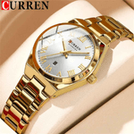 Fashion, accesorii si bijuterii - Femei - Bijuterii femei - Ceasuri femei - Ceas Dama CURREN 9095L Aur Complet, Cadran Alb, Elegant, Quartz cu Calendar, Bratara Metalica, Rezistenta la Apa 3 ATM - Infinity.ro