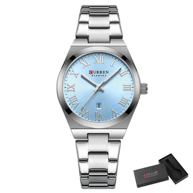 Fashion, accesorii si bijuterii - Femei - Bijuterii femei - Ceasuri femei - Ceas Dama CURREN 9095L Elegant, Quartz, Cadran Albastru, Bratara si Carcasa Argintie, Calendar, Rezistent la Apa 3 ATM - Infinity.ro