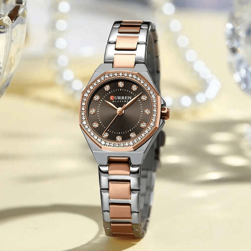 Fashion, accesorii si bijuterii - Femei - Bijuterii femei - Ceasuri femei - Ceas Dama CURREN Quartz Elegant cu Bratara din Otel Inoxidabil, Design Simplu cu Diamante, Culoare Maro-Argintiu - Infinity.ro
