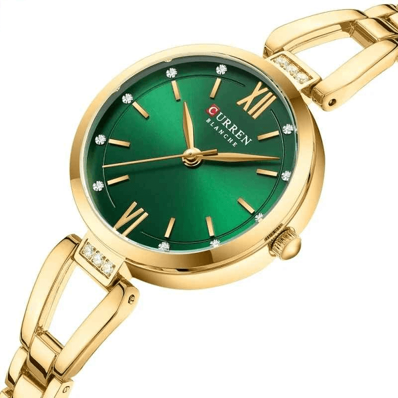 Fashion, accesorii si bijuterii - Femei - Bijuterii femei - Ceasuri femei - Ceas Dama CURREN, Quartz, Carcasa Aurie, Cadran Verde, Bratara Metalica Eleganta, 30mm - Infinity.ro