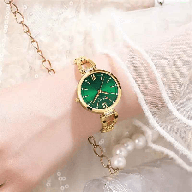 Fashion, accesorii si bijuterii - Femei - Bijuterii femei - Ceasuri femei - Ceas Dama CURREN, Quartz, Carcasa Aurie, Cadran Verde, Bratara Metalica Eleganta, 30mm - Infinity.ro