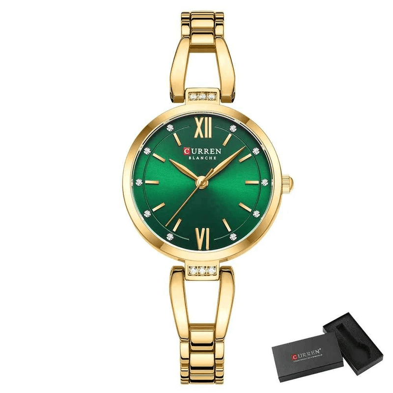 Fashion, accesorii si bijuterii - Femei - Bijuterii femei - Ceasuri femei - Ceas Dama CURREN, Quartz, Carcasa Aurie, Cadran Verde, Bratara Metalica Eleganta, 30mm - Infinity.ro