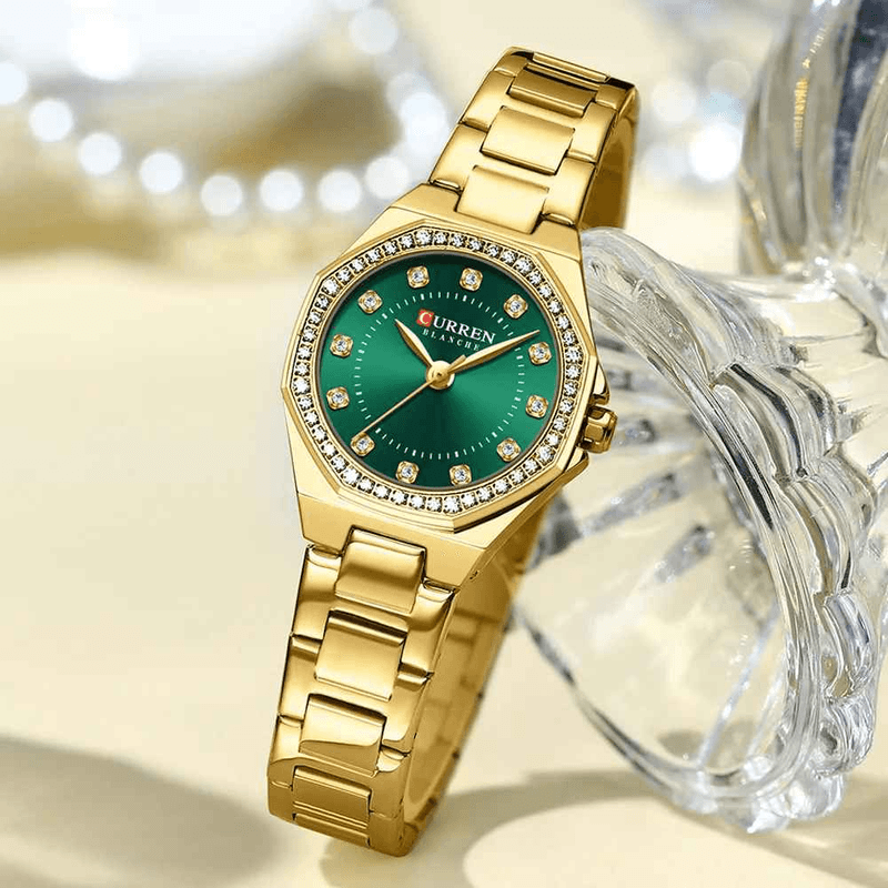 Fashion, accesorii si bijuterii - Femei - Bijuterii femei - Ceasuri femei - Ceas Dama CURREN, Cadran Verde, Carcasa si Curea Aurie, 58g - Infinity.ro