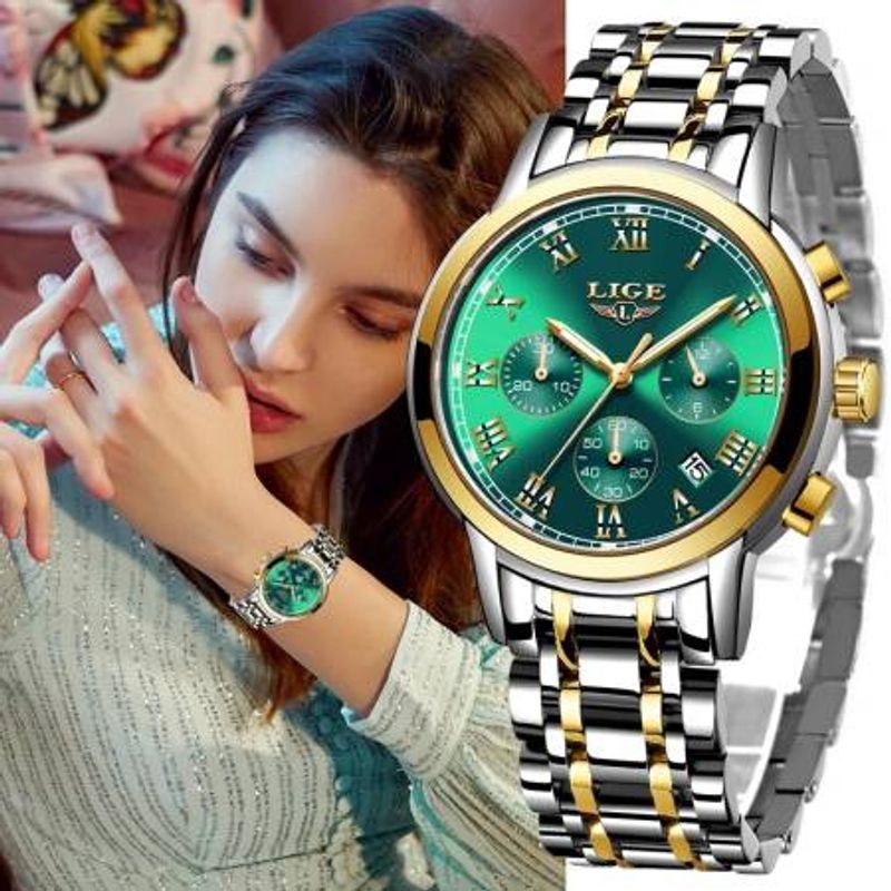Fashion, accesorii si bijuterii - Femei - Bijuterii femei - Ceasuri femei - Ceas dama de mana Lige Top Brand Luxury Casual Elegant Fashion Analog Quartz Argintiu Verde - Infinity.ro