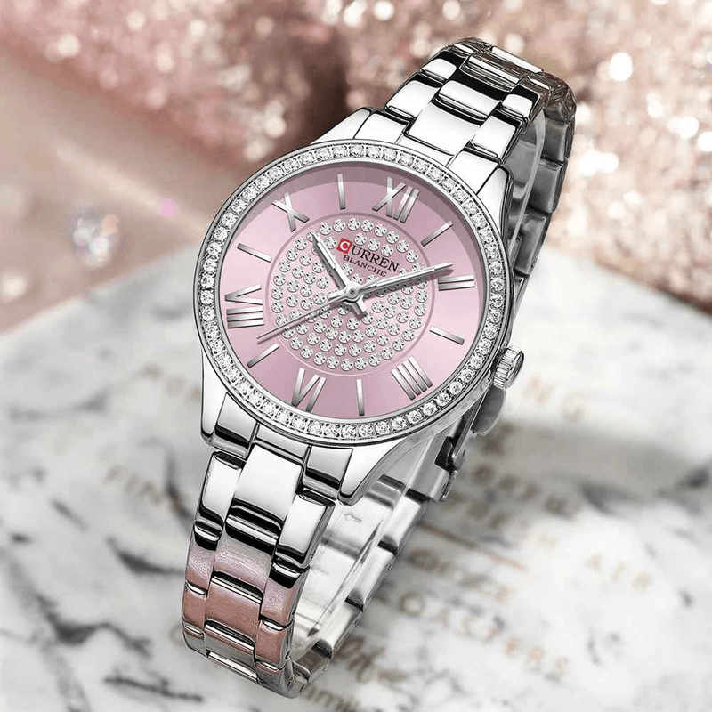 Fashion, accesorii si bijuterii - Femei - Bijuterii femei - Ceasuri femei - Ceas de dama Curren, quartz, argintiu cu cadran mov, geam safir, bratara metalica, rezistent la apa - Infinity.ro