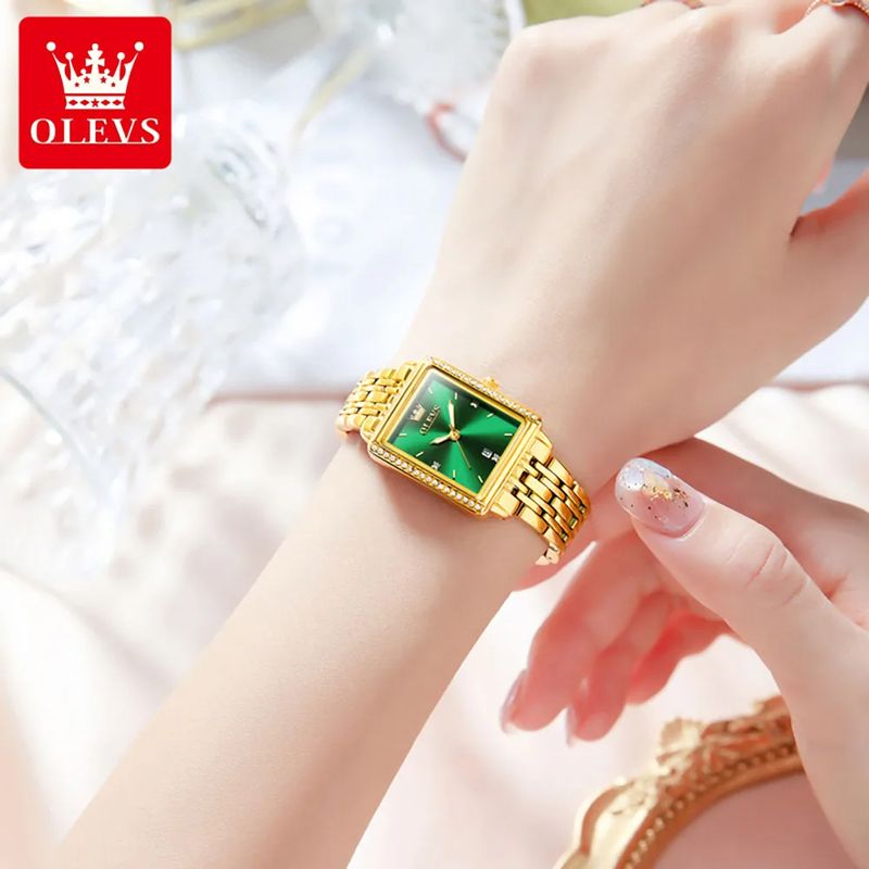 Fashion, accesorii si bijuterii - Femei - Bijuterii femei - Ceasuri femei - Ceas de dama Olevs Elegant Mecanism Quartz Luxury Fashion Auriu Verde - Infinity.ro