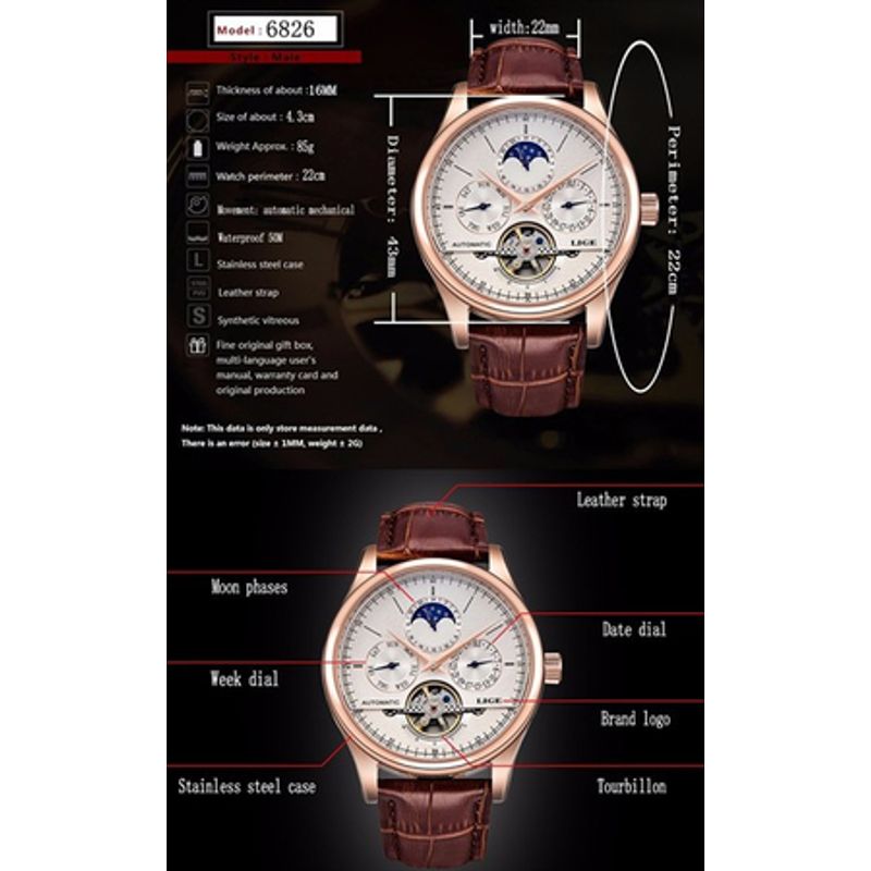 Fashion, accesorii si bijuterii - Barbati - Bijuterii barbati - Ceasuri barbati - Ceas mecanic automatic, Lige, Elegant, Business, curea din piele - Infinity.ro