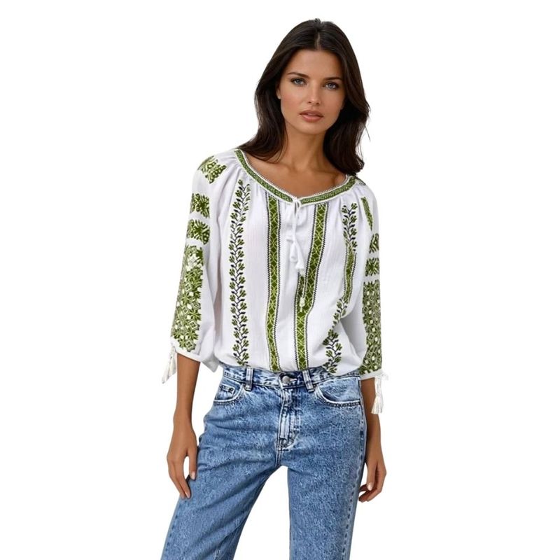 Fashion, accesorii si bijuterii - Femei - Imbracaminte femei - Camasi si bluze femei - Bluza dama RA25 alb/verde marimea S - Infinity.ro
