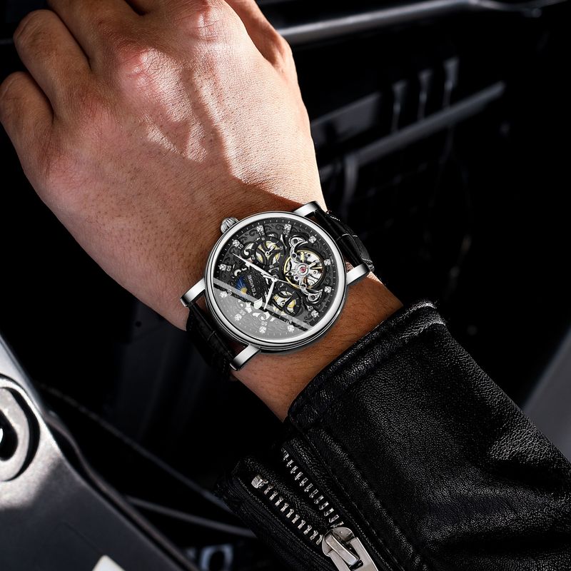 Fashion, accesorii si bijuterii - Barbati - Bijuterii barbati - Ceasuri barbati - Ceas barbatesc Tevise Mecanic Automatic Skeleton Curea piele Negru - Infinity.ro