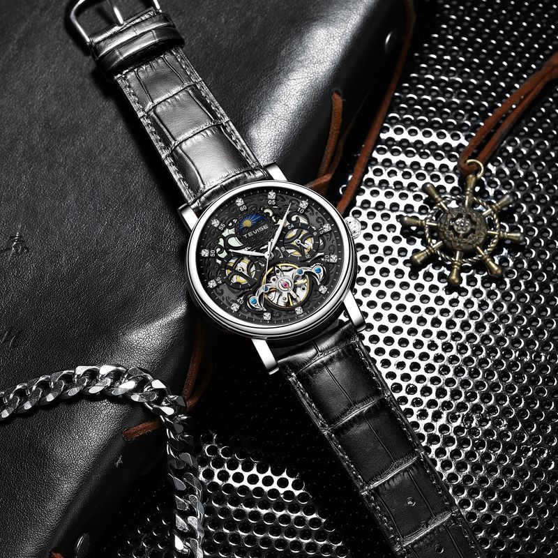 Fashion, accesorii si bijuterii - Barbati - Bijuterii barbati - Ceasuri barbati - Ceas barbatesc Tevise Mecanic Automatic Skeleton Curea piele Negru - Infinity.ro