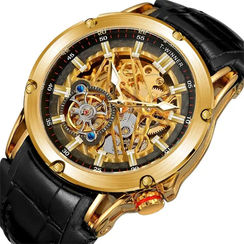 Fashion, accesorii si bijuterii - Barbati - Bijuterii barbati - Ceasuri barbati - Ceas barbatesc de mana, T-winner, Clasic, Mecanism Mecanic Automatic, Skeleton, Piele, Negru Auriu - Infinity.ro