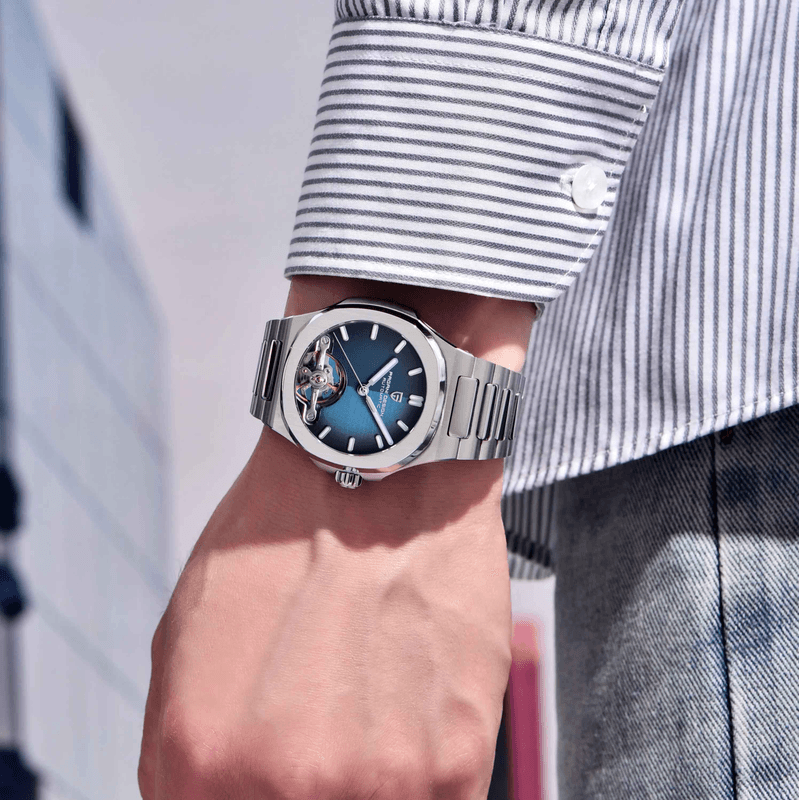 Fashion, accesorii si bijuterii - Barbati - Bijuterii barbati - Ceasuri barbati - Ceas Automatic Barbati Pagani Design PD-YS025 Argintiu-Albastru, 42mm, Open Heart, Safir - Infinity.ro