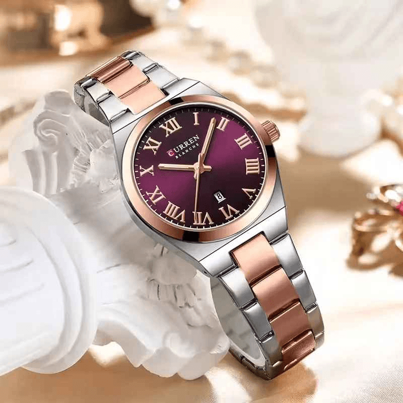 Fashion, accesorii si bijuterii - Femei - Bijuterii femei - Ceasuri femei - Ceas Dama CURREN 9095L Elegant, Quartz, Cadran cu Cifre Romane, Calendar, Bratara Metalica, Rezistent la Apa 3 ATM - Infinity.ro