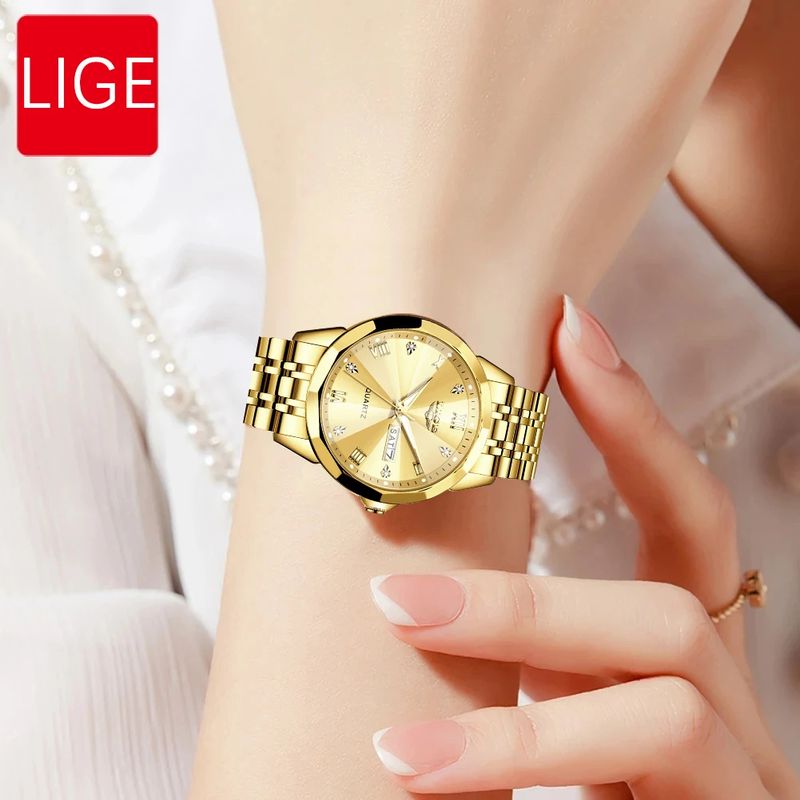 Fashion, accesorii si bijuterii - Femei - Bijuterii femei - Ceasuri femei - Ceas dama de mana Lige Quartz Elegant Luxury Casual Fashion Analog Auriu - Infinity.ro
