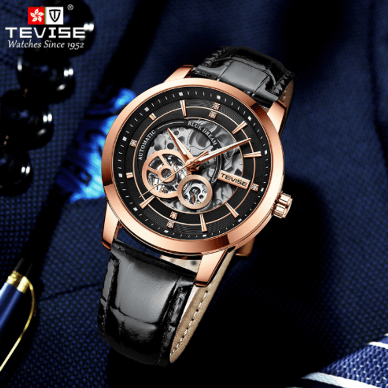 Fashion, accesorii si bijuterii - Barbati - Bijuterii barbati - Ceasuri barbati - Ceas barbatesc Tevise Mecanic Automatic Skeleton Luxury Piele Elegant Clasic - Infinity.ro