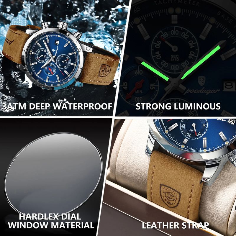 Fashion, accesorii si bijuterii - Barbati - Bijuterii barbati - Ceasuri barbati - Ceas barbatesc Poedagar Cronograf Analog Quartz Data Piele Maro Albastru - Infinity.ro