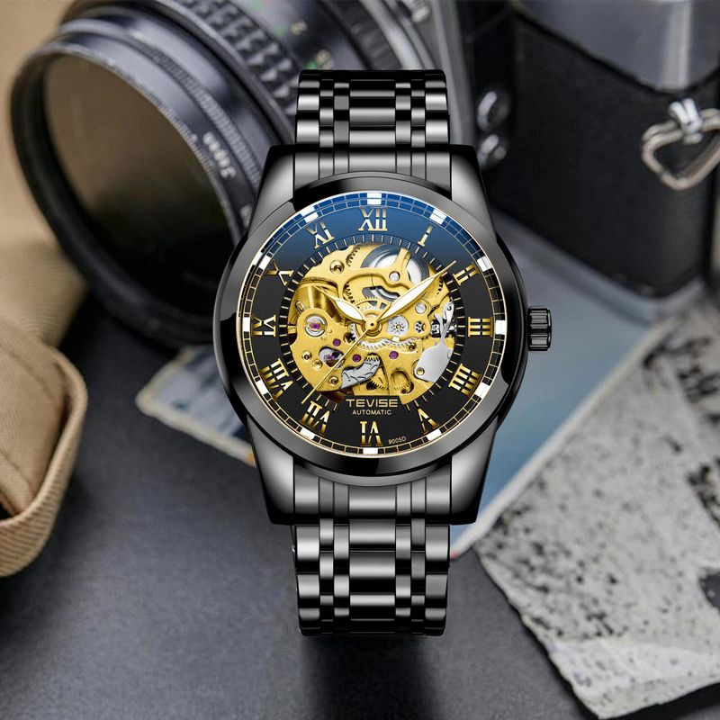 Fashion, accesorii si bijuterii - Barbati - Bijuterii barbati - Ceasuri barbati - Ceas barbatesc Tevise Mecanic Automatic Business Luxury Elegant Negru Auriu - Infinity.ro