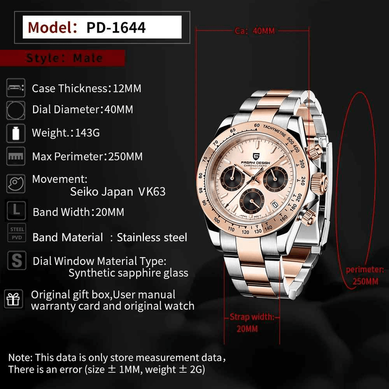 Fashion, accesorii si bijuterii - Barbati - Bijuterii barbati - Ceasuri barbati - Ceas Barbati Pagani Design PD-1644 Bicolor Argintiu & Rose Gold, Chronograph VK63, 40mm, Cadran Champagne, Sticla Safir - Infinity.ro